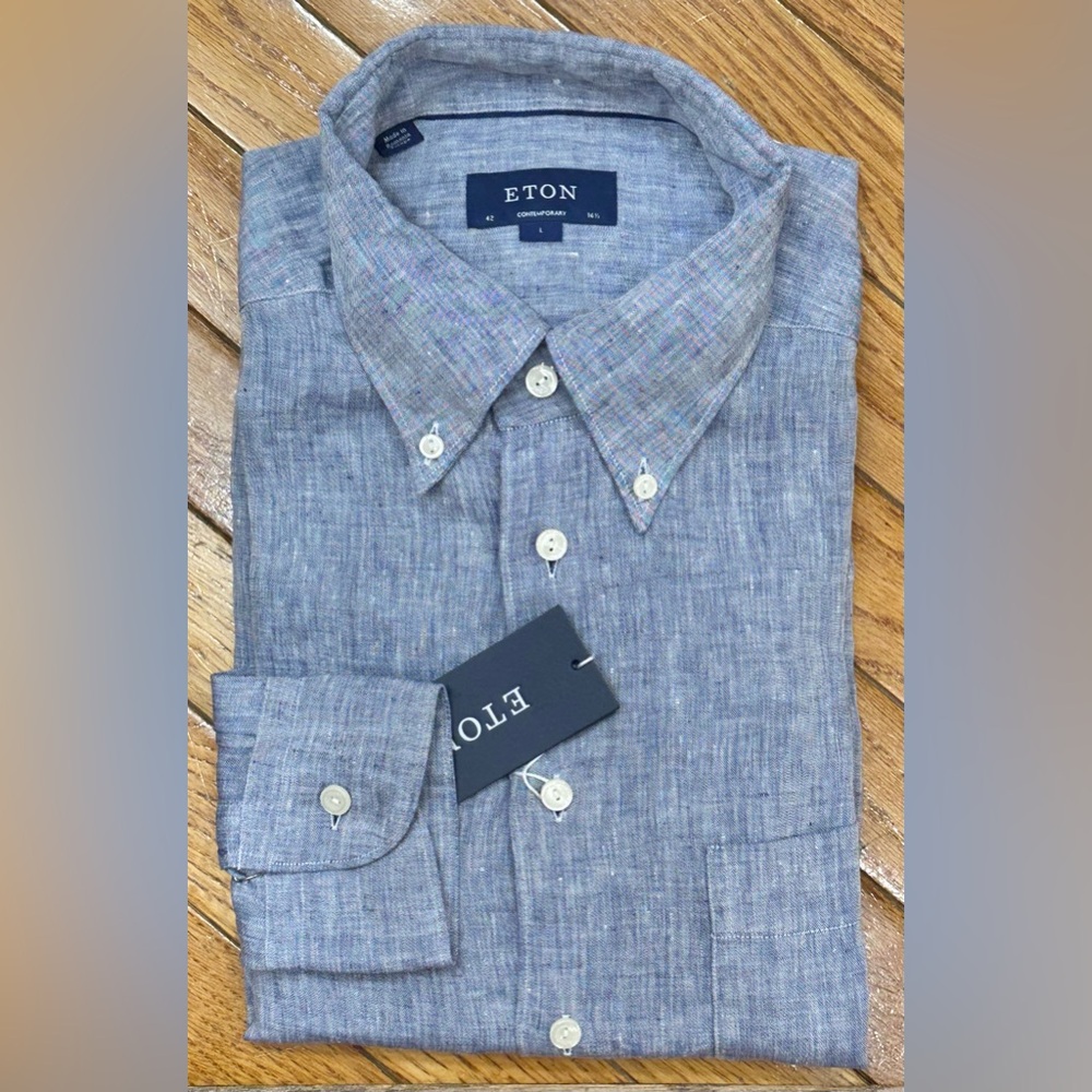 $385 NEW ETON LINEN DRESS SHIRT XL 18.5 47 CONTEMPORARY FIT BLUE